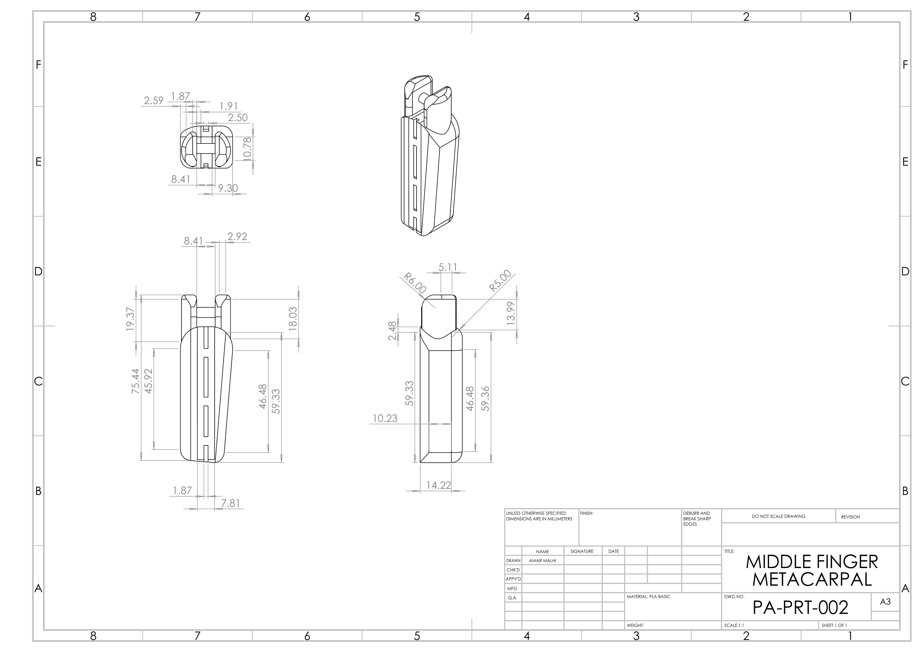 Middle Metacarpal — engineering drawing PA-PRT-003