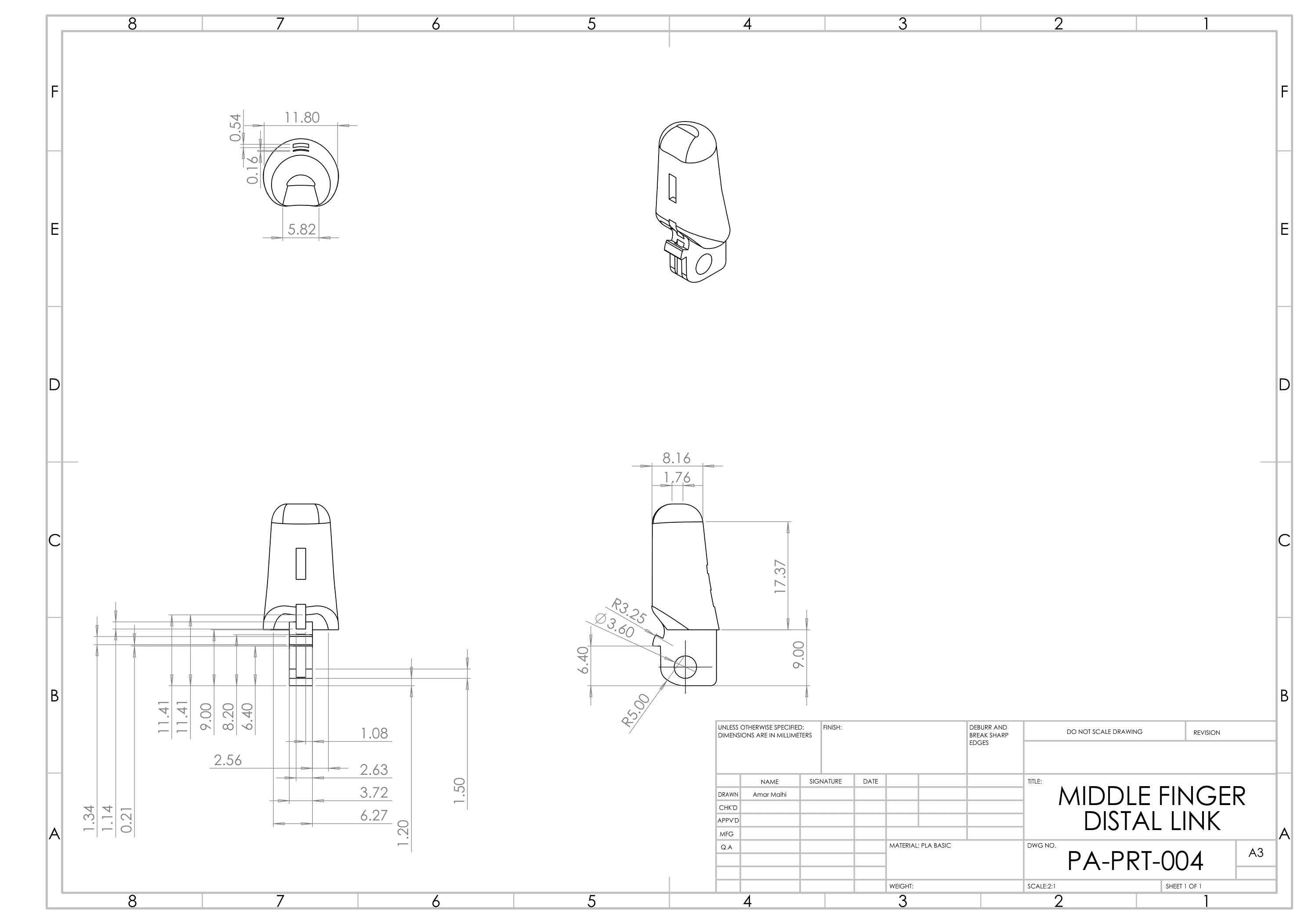 Middle Distal Pointer Finger — engineering drawing PA-PRT-005